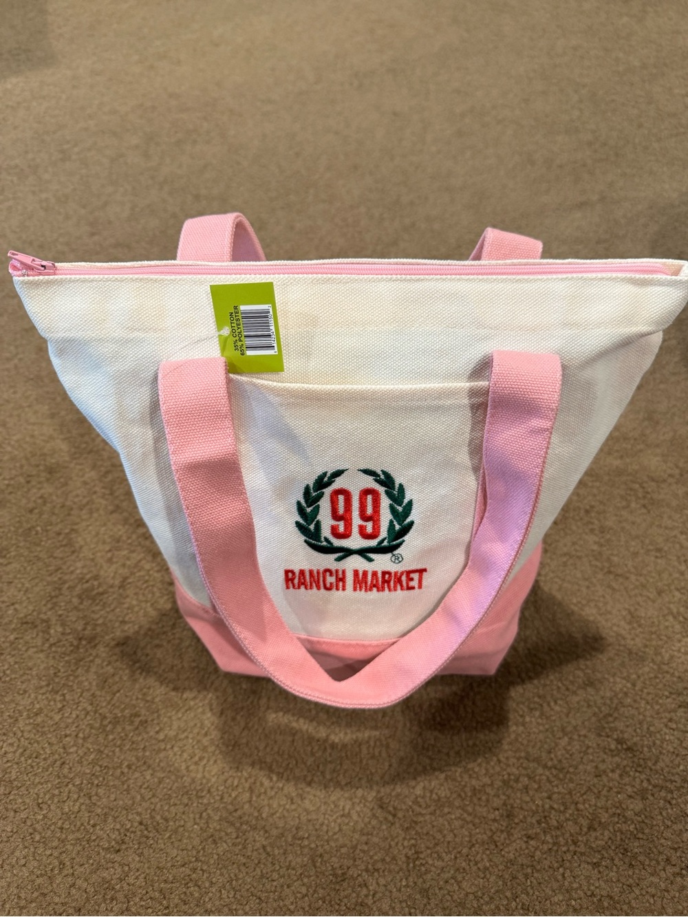 ZIPPERED Mini Tote Bag Purse Pink on Cream with Red & Green 99 Ranch Market logo